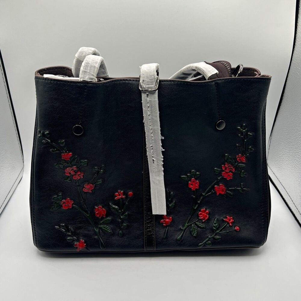 New Black Brown PU Leather Floral Embroidered Tote Bag Zip Top Adjustable Strap